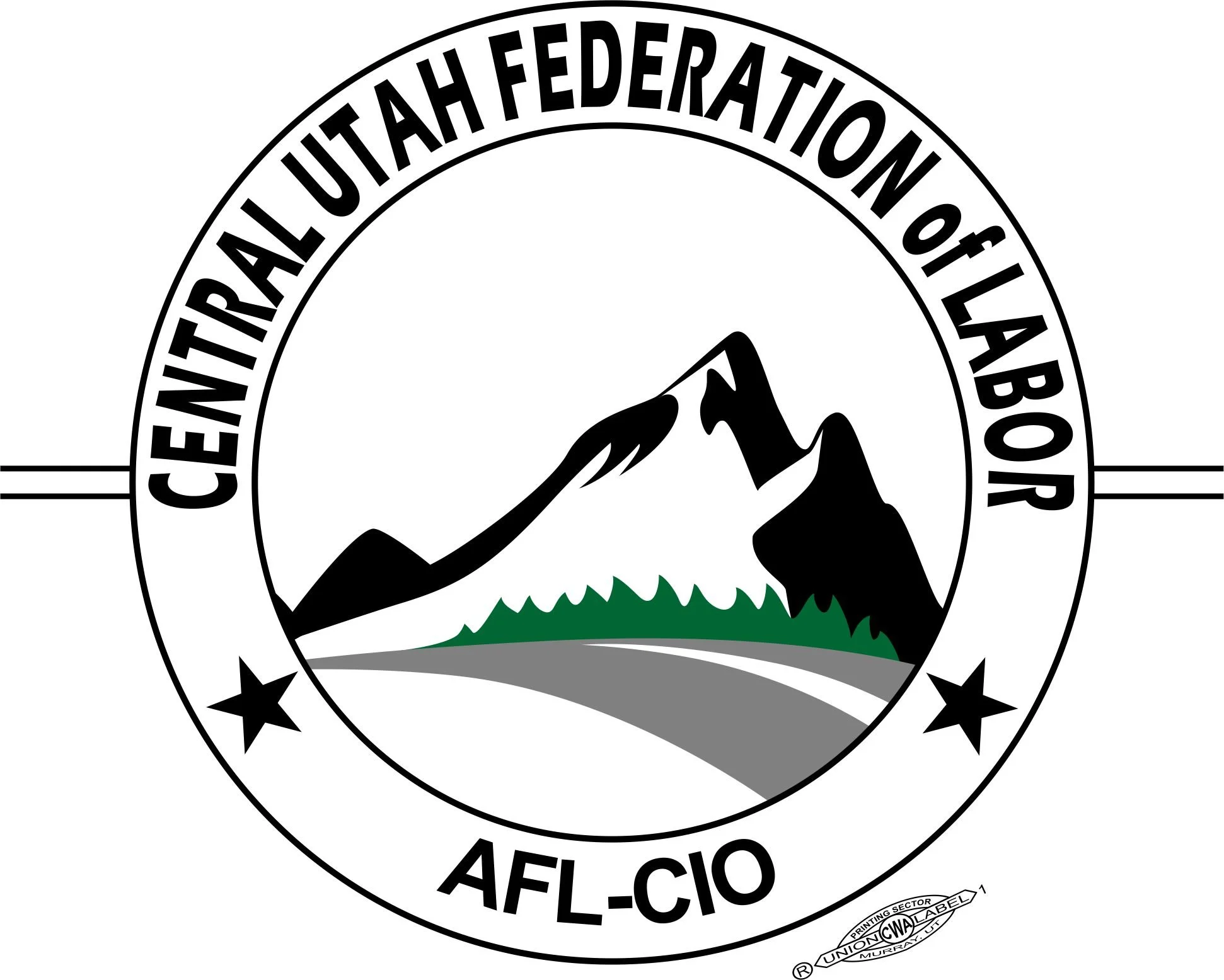 Logo of the Central Utah Federation of Labor, AFL-CIO. It features a circular design with a stylized mountain and road. Two stars flank "AFL-CIO" at the bottom, enclosed in a ring with the organization's name.