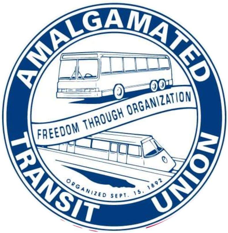 Logo of the Amalgamated Transit Union featuring a bus and train. The text reads "Freedom Through Organization" and "Organized Sept. 15, 1892.