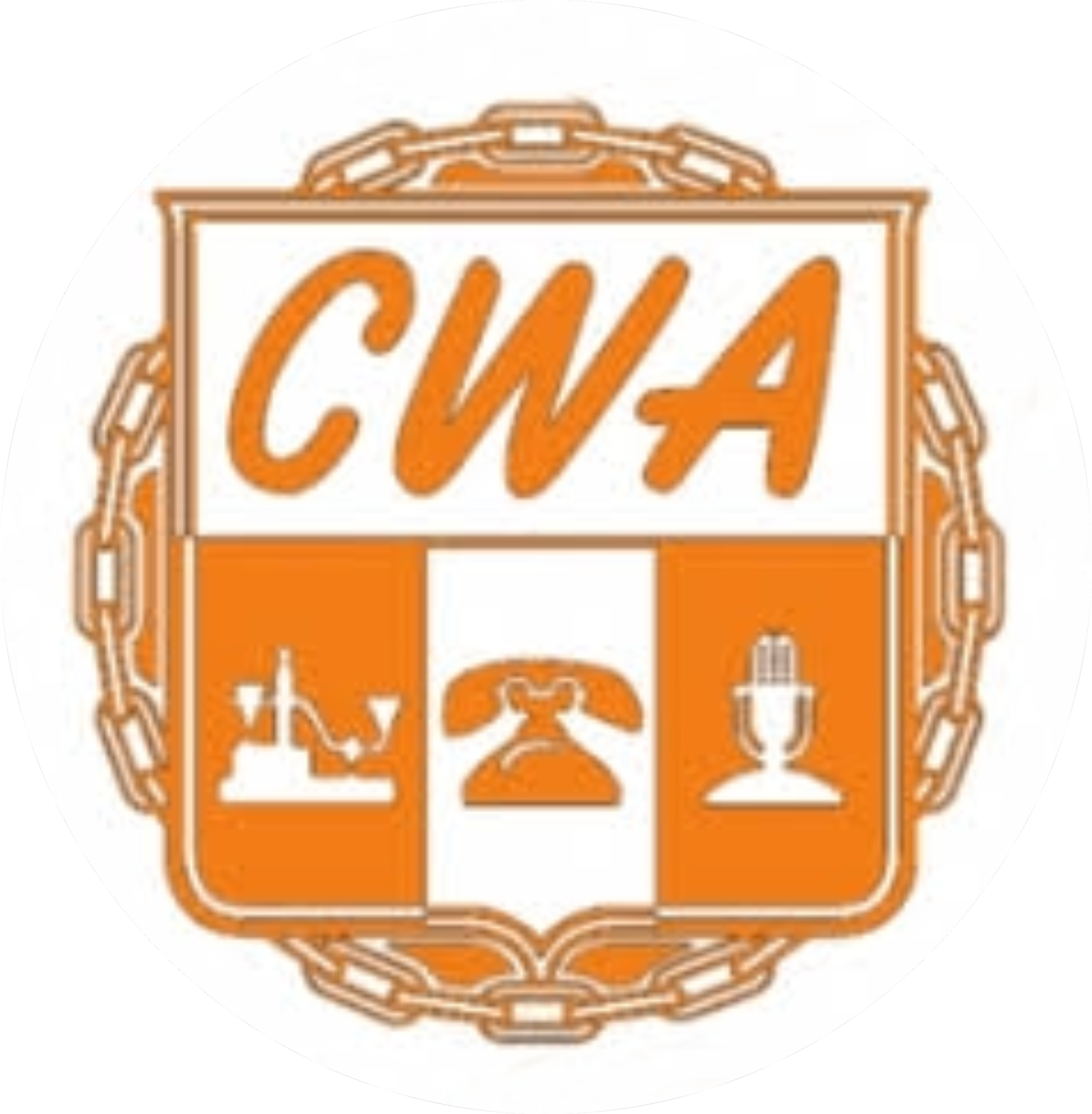 Logo with "CWA" in bold orange letters at the top of a shield. Below are images of a scale, a vintage telephone, and a covered cup. The shield is framed by a chain border, all set against a white circular background.