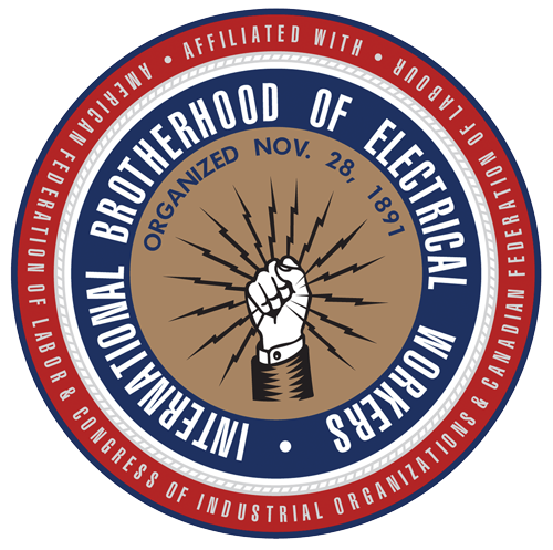 Logo of the International Brotherhood of Electrical Workers. Features a fist holding lightning bolts in the center, surrounded by text reading "Organized Nov. 28, 1891" and mentions affiliation with American and Canadian labor federations.