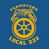 Logo featuring two horse heads facing opposite directions above a large wheel. The text "Teamsters Local 222" is displayed in bold yellow letters on a blue background.