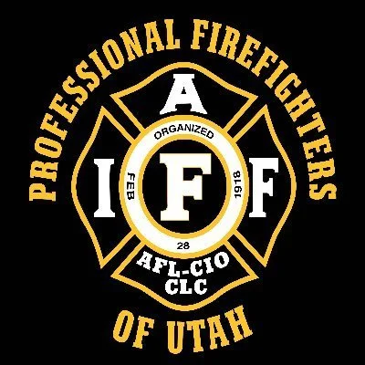 Logo of the Professional Firefighters of Utah. It features a maltese cross with "I", "A", "F", "F" around a central circle labeled "Organized Feb. 28, 1918". Text includes "AFL-CIO", "CLC", and "Professional Firefighters of Utah".