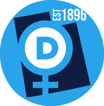 A blue and black logo features a stylized letter "D" inside a Venus symbol, representing a blend of femininity and political affiliation. The text "EST 1896" is prominently displayed at the top right corner.