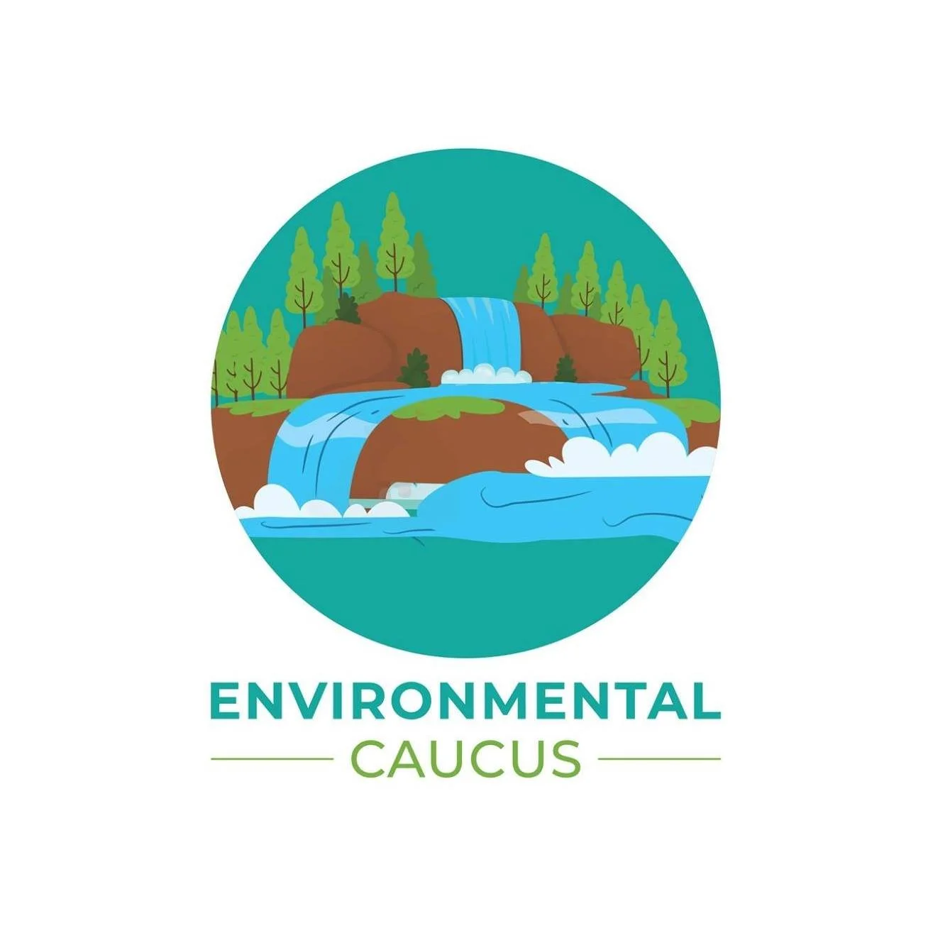 Logo of the Environmental Caucus featuring a circular design with a waterfall flowing over rocks, surrounded by green trees. The words "Environmental Caucus" are written below.