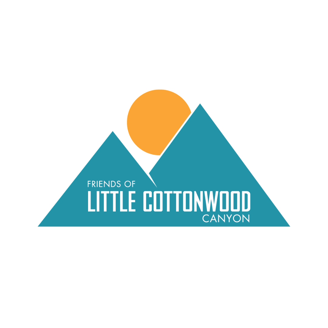 Logo of "Friends of Little Cottonwood Canyon" featuring two blue overlapping triangles representing mountains and an orange circle symbolizing the sun, set against a white background.