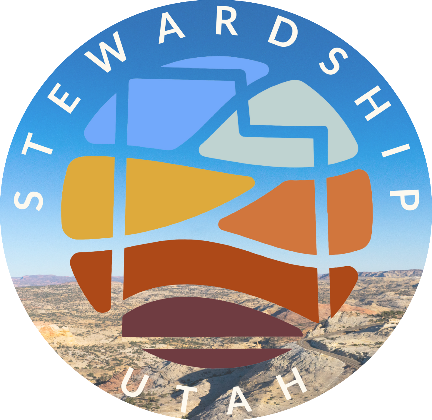 Logo of "Stewardship Utah" featuring stylized, colorful geometric shapes resembling a landscape that create the outline of Utah. The shapes are overlaid on a scenic view of Utah's rocky terrain under a clear blue sky.