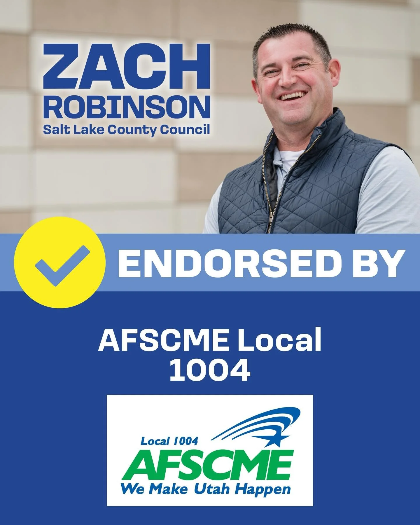 I am proud to be endorsed by AFSCME Local 1004!

Our public service workers keep Salt Lake County running and they deserve leadership that shows up and fights for them. On the Sandy City Council, one of the things I&rsquo;m proudest of was being able