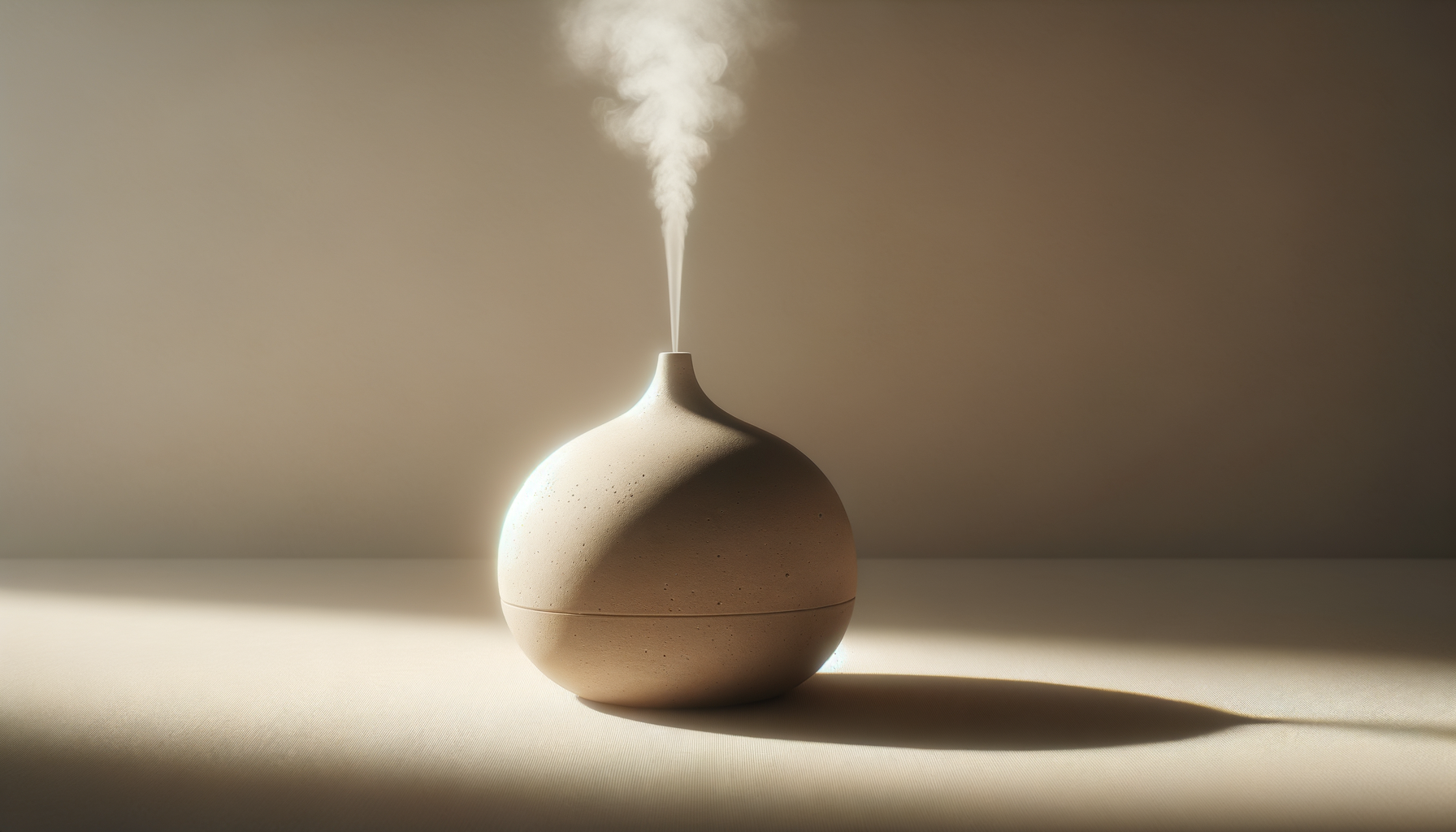 A modern, beige, round-shaped diffuser with a narrow opening at the top emitting a thin stream of white mist, casting a shadow on a neutral background.