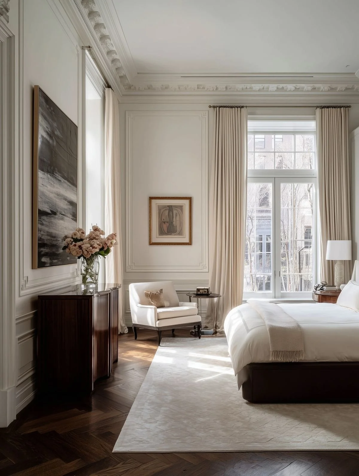 A bright, elegant bedroom with a large window, white walls with decorative molding, a bed with white bedding, a white armchair, a wooden side table, a large abstract painting, and floral artwork, all decorated in neutral tones.