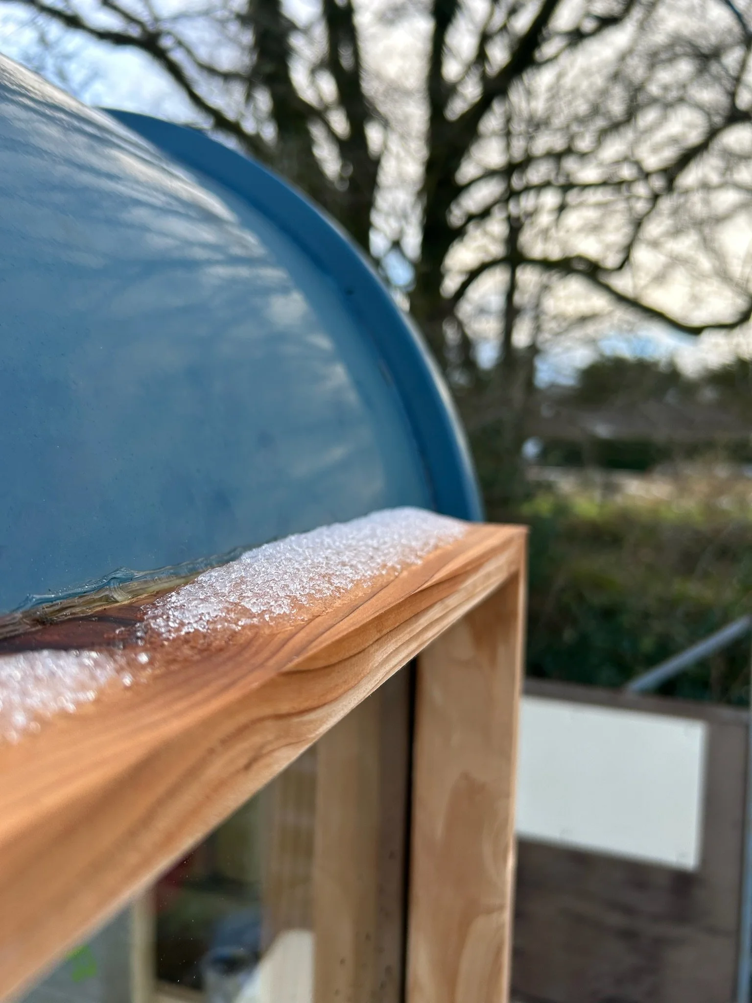Close-up of the right hand cedar window of the Drift Sauna, in Bideford. The Finnish style sauna is mainly made from Cedar and will be at Livit Adventure and Glamping at North Devon, Abbotsham, Bideford, Westward ho, Appledore.