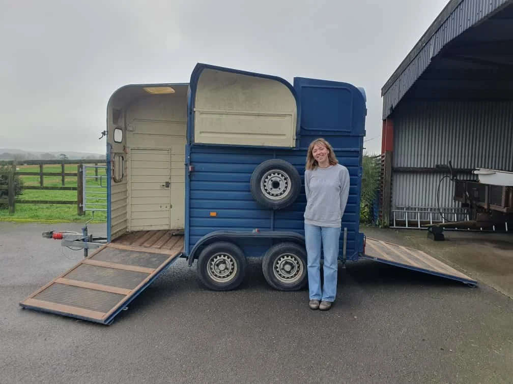 Helena Standing in front of the Drift Sauna Bideford before the horsebox was converted. Now it is a finnish style sauna!