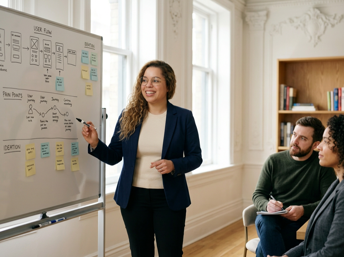 Giselle Herrera, a  woman in a blue blazer is giving a presentation to two seated people in a room with large windows and a bookshelf. She is smiling and pointing at a whiteboard with drawings and sticky notes.