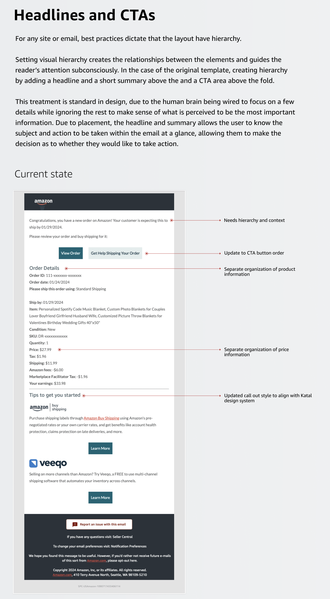 Amazon email template hi-res wireframes showing information hierarchy and CTA placement reasoning.