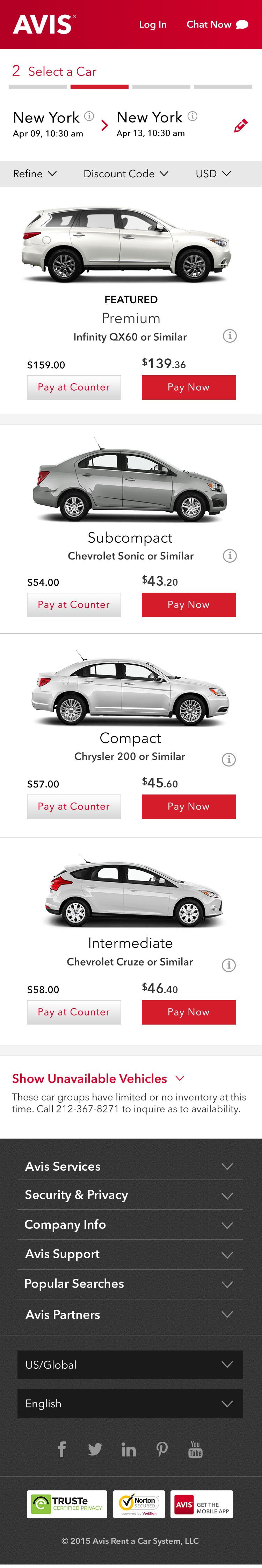Avis car booking platform showing research-informed design with guided selling interface and optimized payment flow
