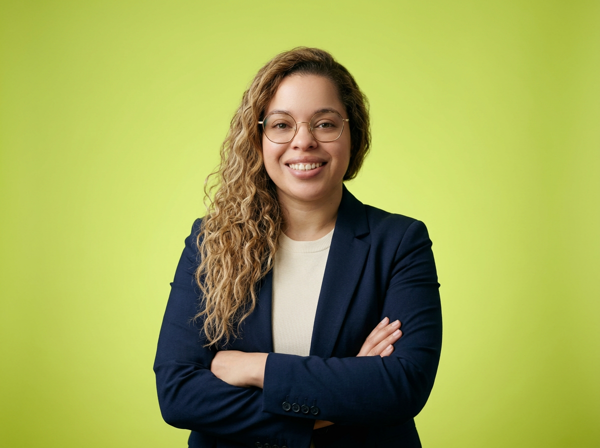 A woman with curly blonde hair and glasses, wearing a navy blazer and light-colored shirt, smiling with arms crossed against a lime green background.