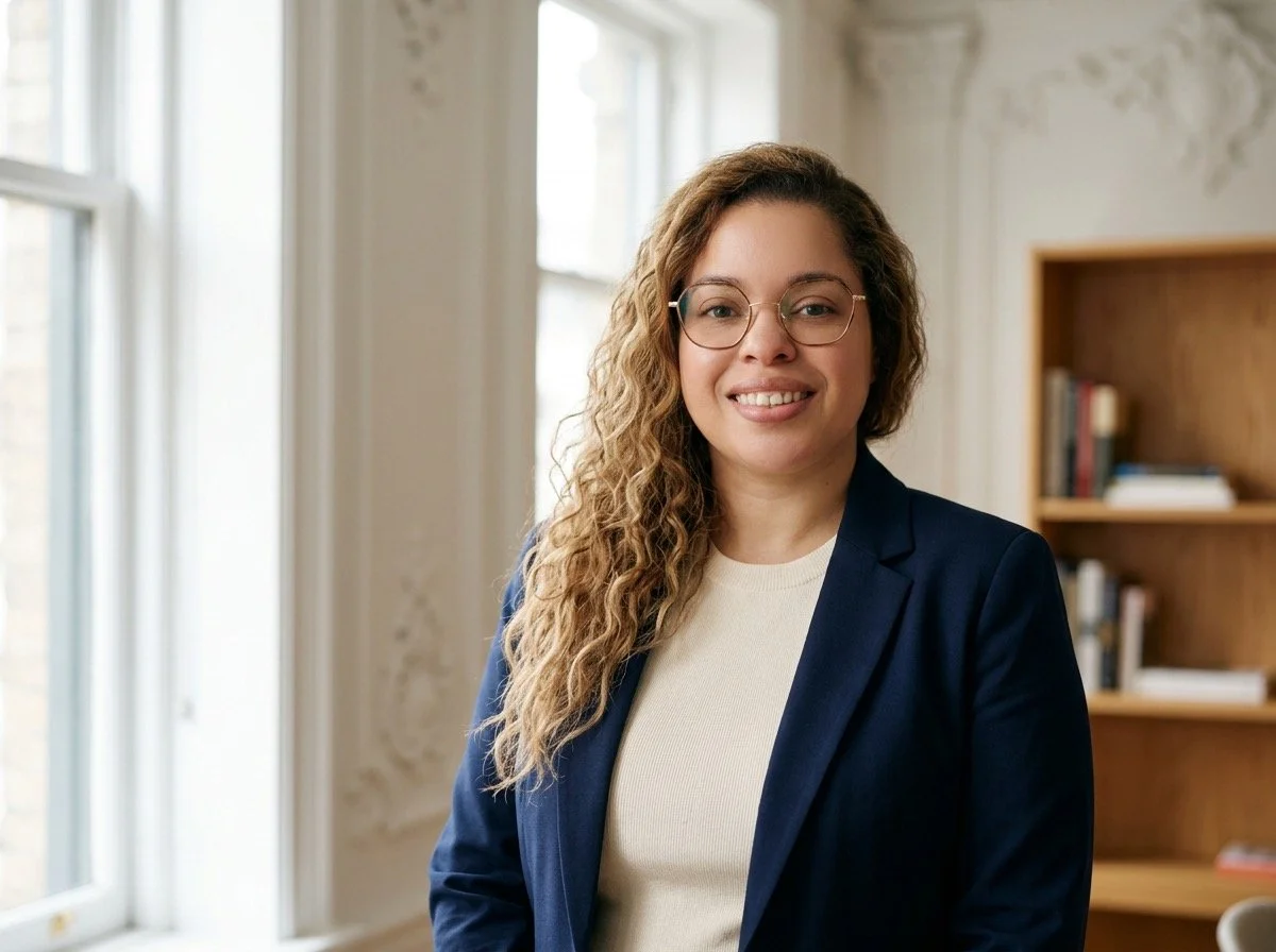 Giselle Herrera, a woman with curly hair and glasses wearing a navy blazer and white shirt, standing in a well-lit room with a bookshelf in the background.