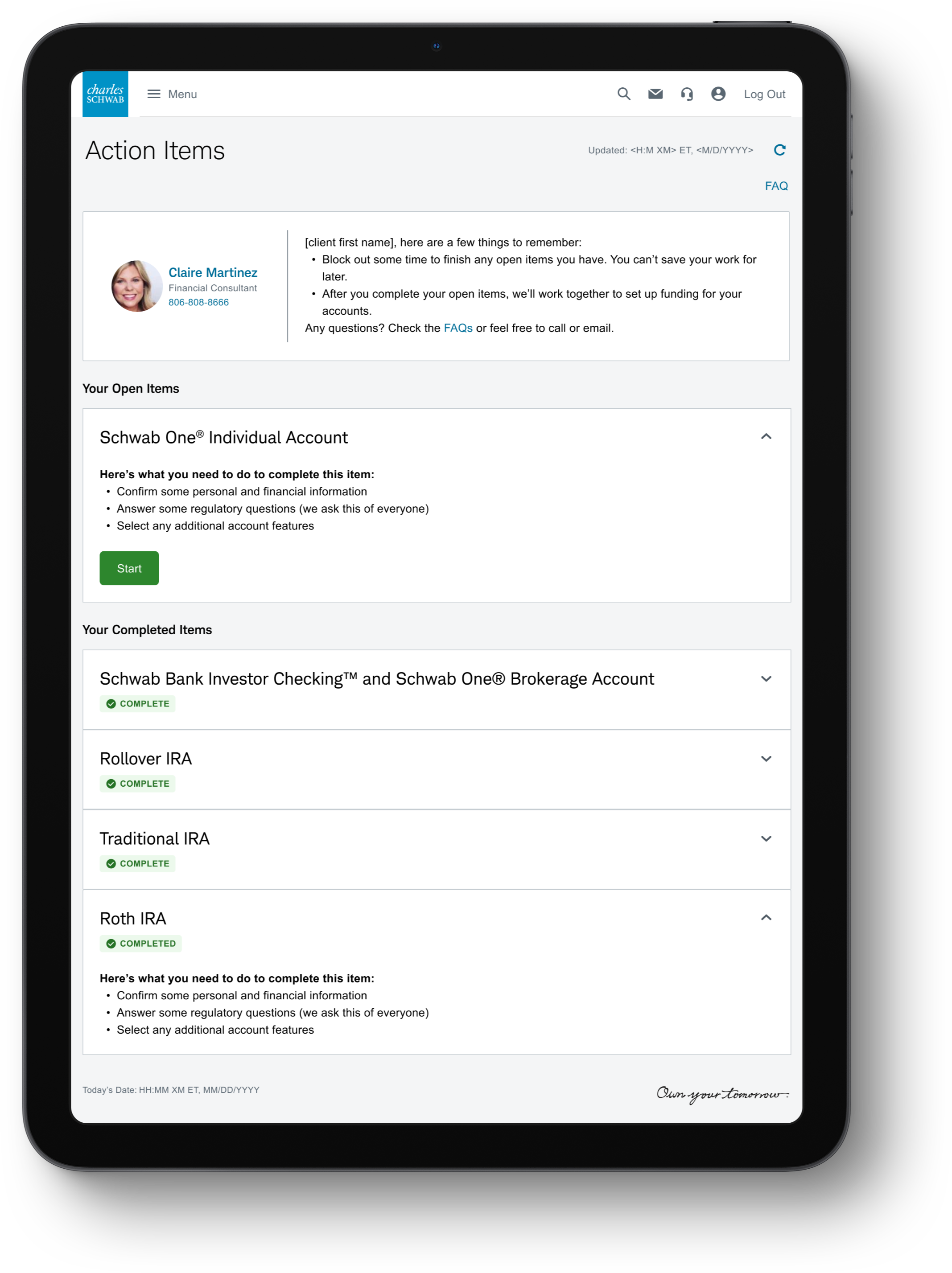 Charles Schwab document signing platform showing mobile-first interface with application status tracking, action items, and streamlined advisor-client workflow