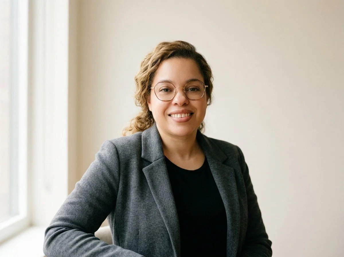 A woman with curly hair and glasses, wearing a gray blazer over a black shirt, smiling while sitting at a desk in a well-lit room.