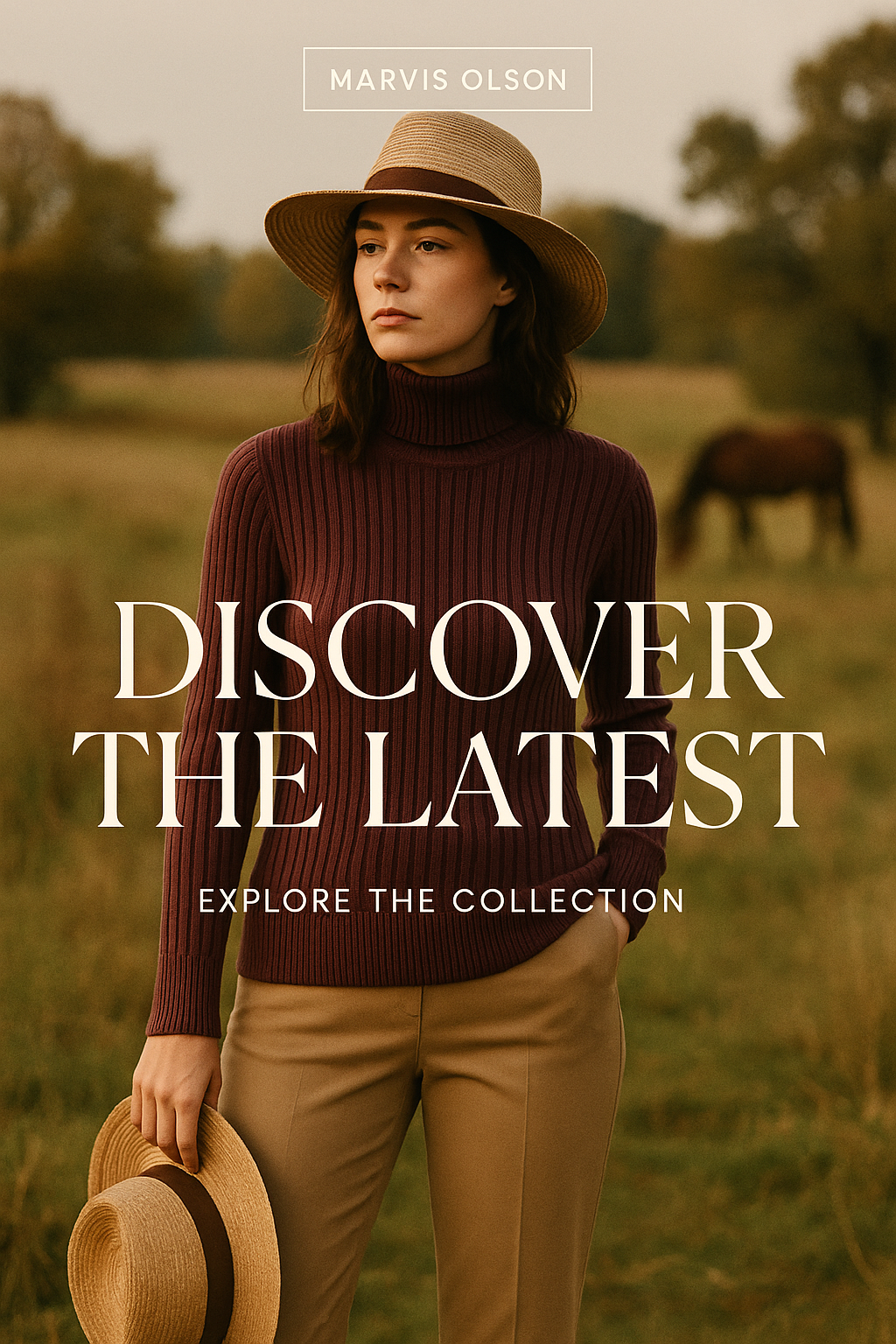 A woman in a brown turtleneck sweater and tan pants stands outdoors in a field, holding a straw hat. She wears a wide-brimmed straw hat, and there are trees and a horse in the background. The image promotes a collection by Marvis Olson with text overlay saying 'Discover the Latest' and 'Explore the Collection.'