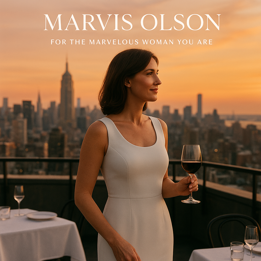 A woman in a white dress holding a glass of red wine on a rooftop at sunset with a city skyline in the background.