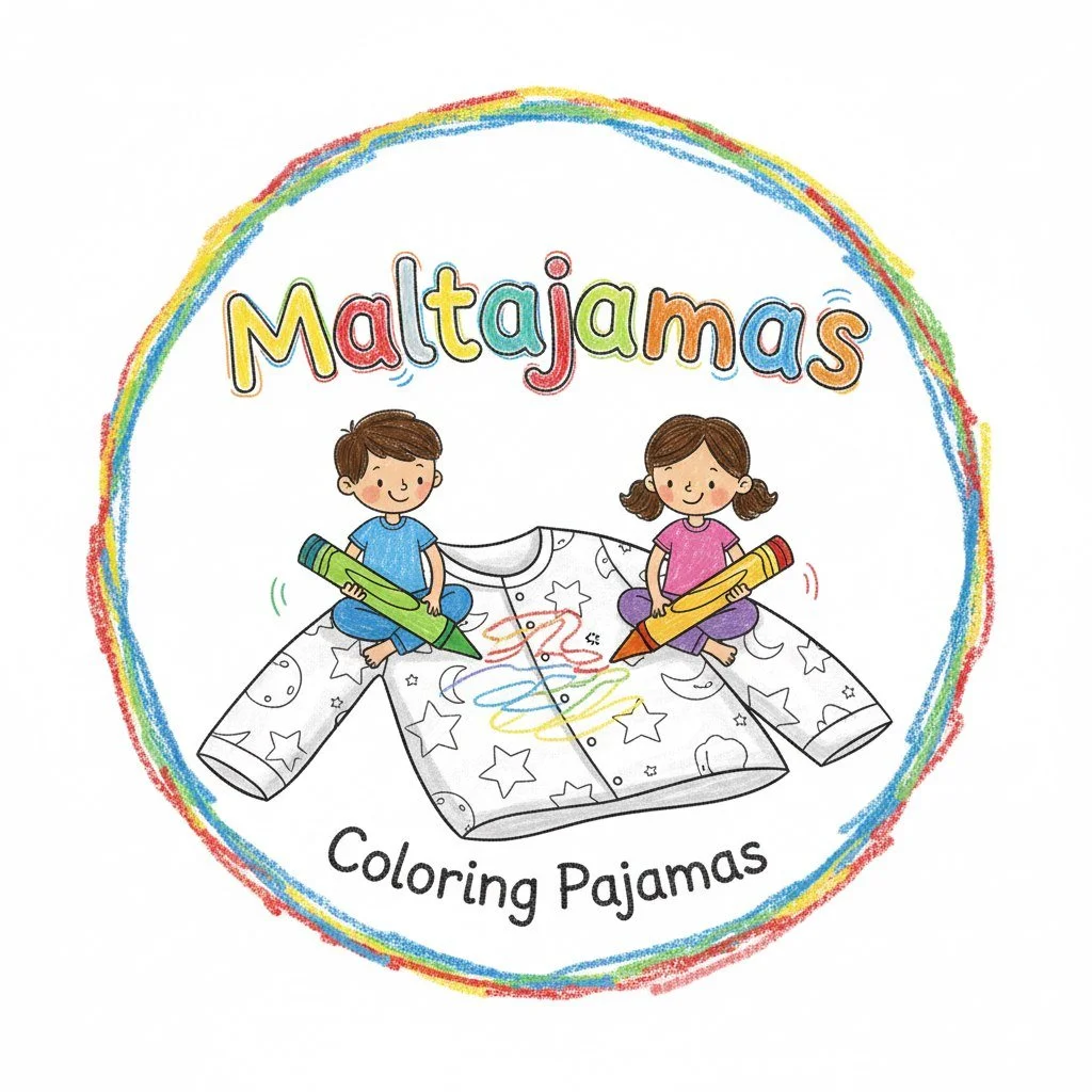 Children sitting on a pajama top with colorful drawing tools in hand, surrounded by a rainbow-colored circle, and the text 'Maltajamas Coloring Pajamas' at the top.