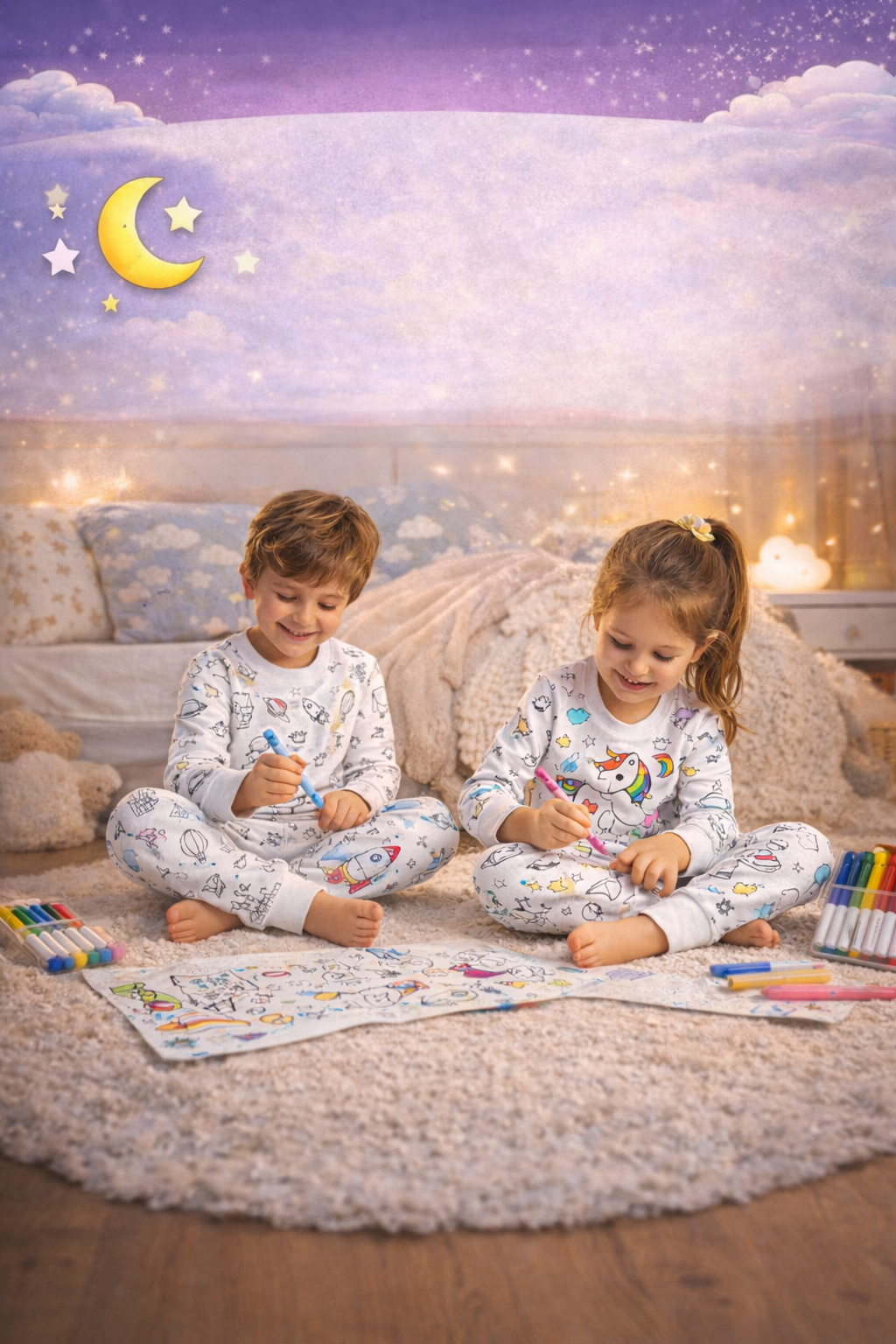 Two children, a boy and a girl, sitting on a soft rug in pajamas with space-themed patterns, coloring pictures of rockets, planets, and unicorns. The background shows a dreamy night sky with clouds, a moon, and stars projected on the wall, creating a cozy and whimsical atmosphere.