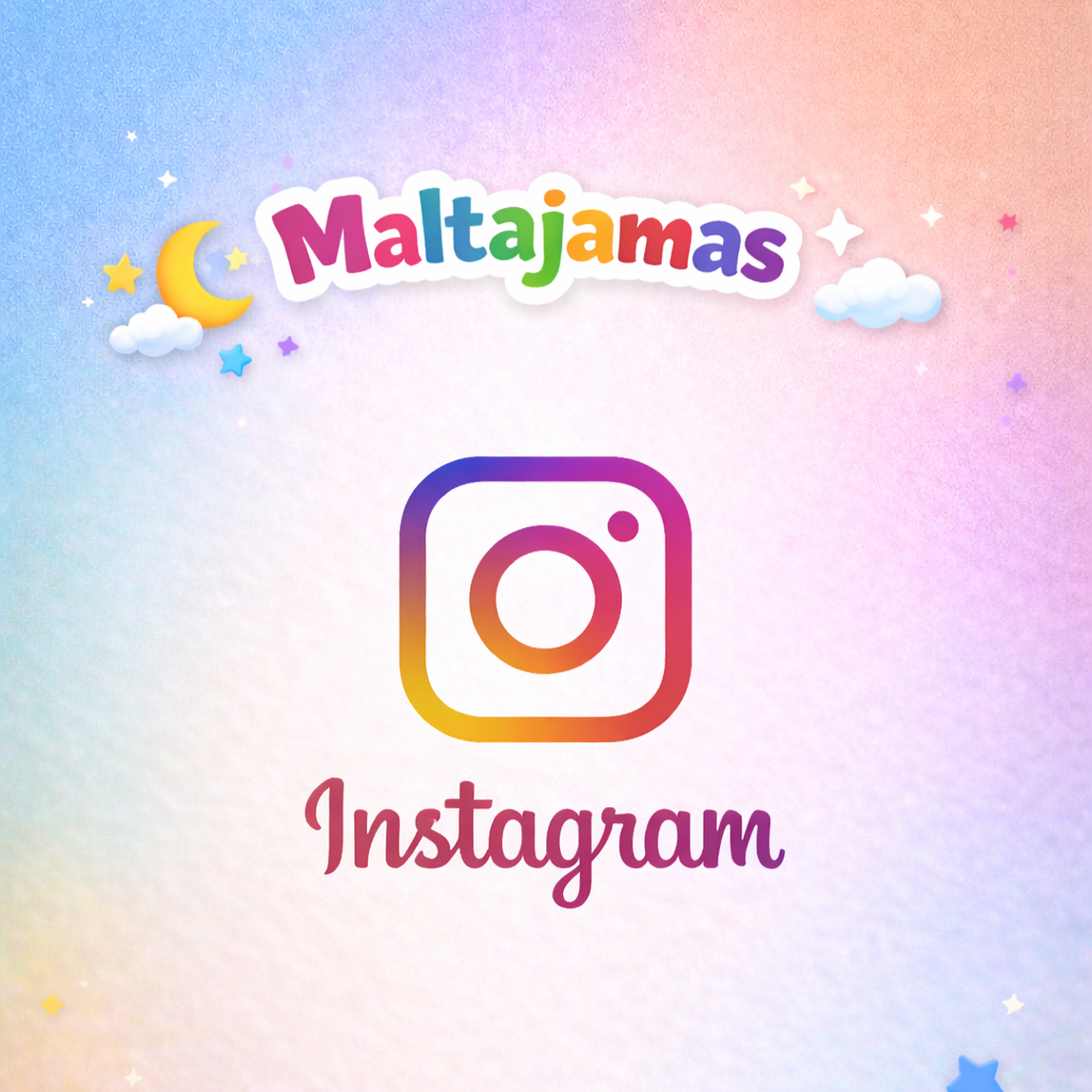 Instagram logo with colorful gradient and the word 'Instagram' below, set against a pastel rainbow background with clouds, stars, and a crescent moon in the top left corner.