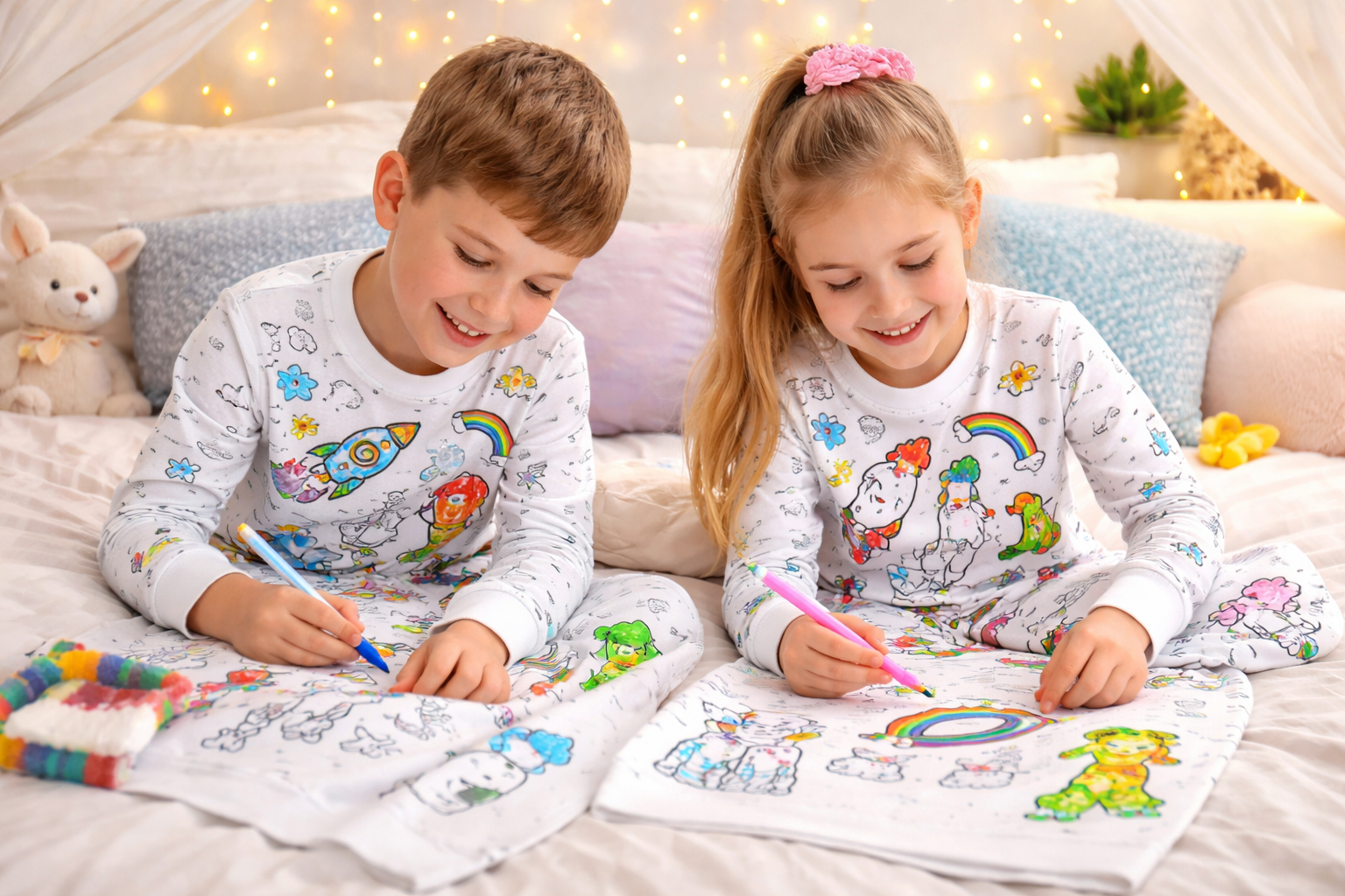 A young boy and girl drawing and coloring on a blanket with colorful markers in a brightly lit bedroom decorated with fairy lights and plush pillows.