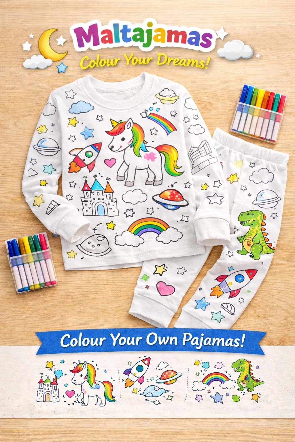 Image of a children's coloring set with a white pajama top and pants decorated with unicorns, rockets, rainbows, castles, planets, and other space-themed doodles, along with packs of colored markers and a banner that says "Colour Your Own Pajamas!" and "Maltajamas Colour Your Dreams!".