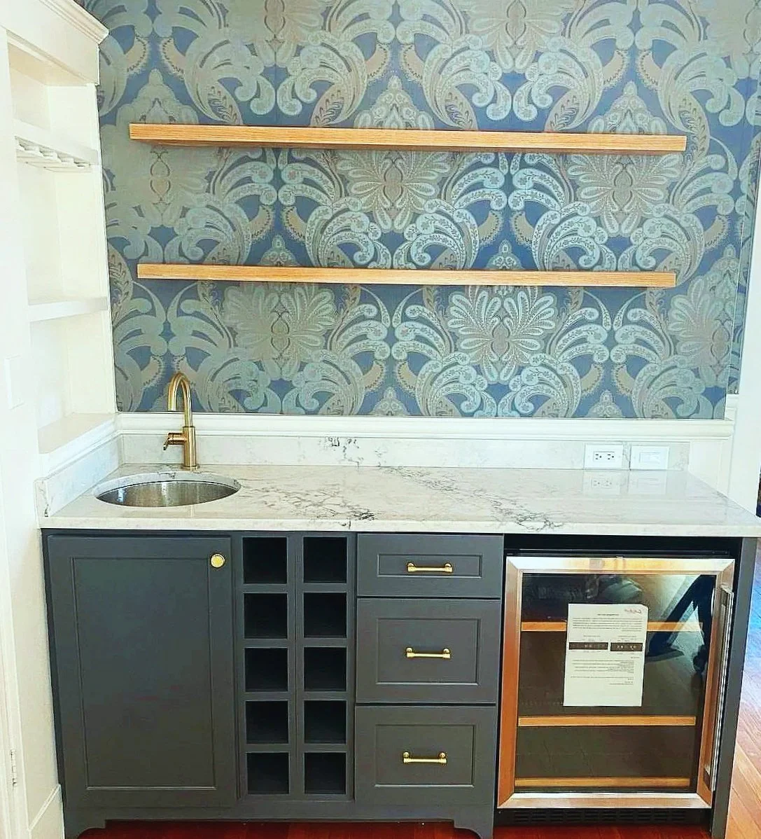 Kitchen wet bar with floating shelves in West Hartford, Ct. 