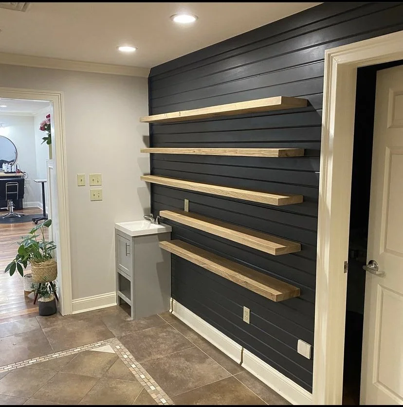 Custom shiplap with Floating shelves in Connecticut.