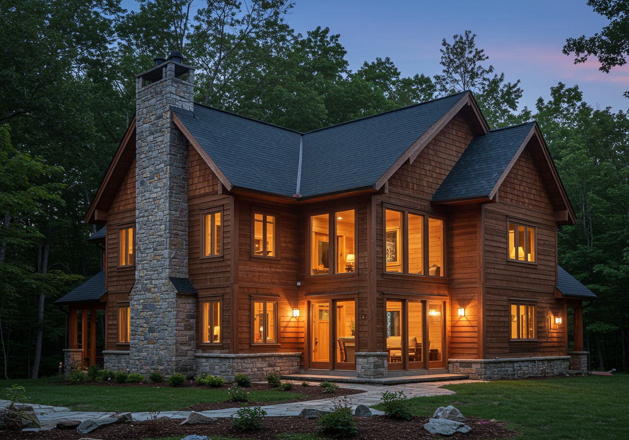 A wooden house illuminated from within at dusk, surrounded by trees and a landscaped yard with flowerbeds and stone pathways.