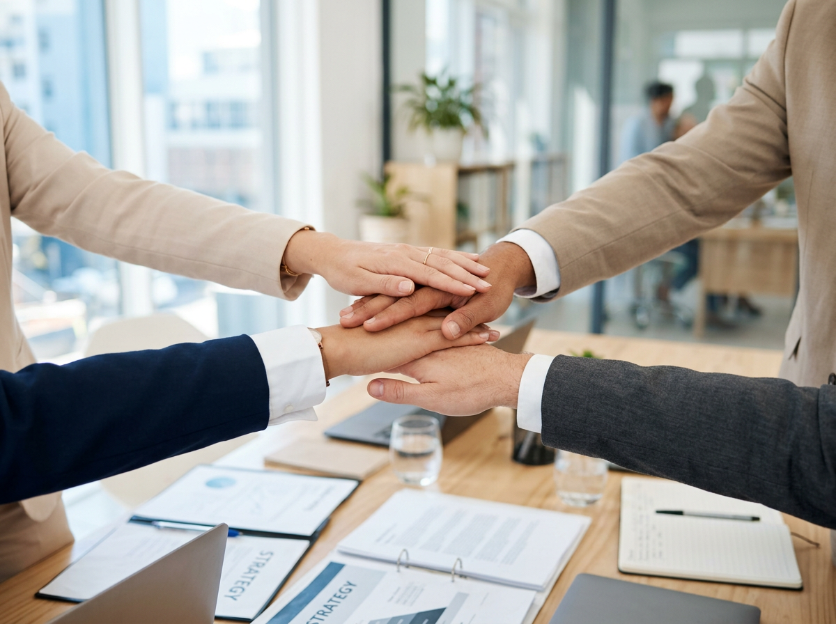 A group of business professionals stacking their hands together in a gesture of teamwork and unity in a conference room.