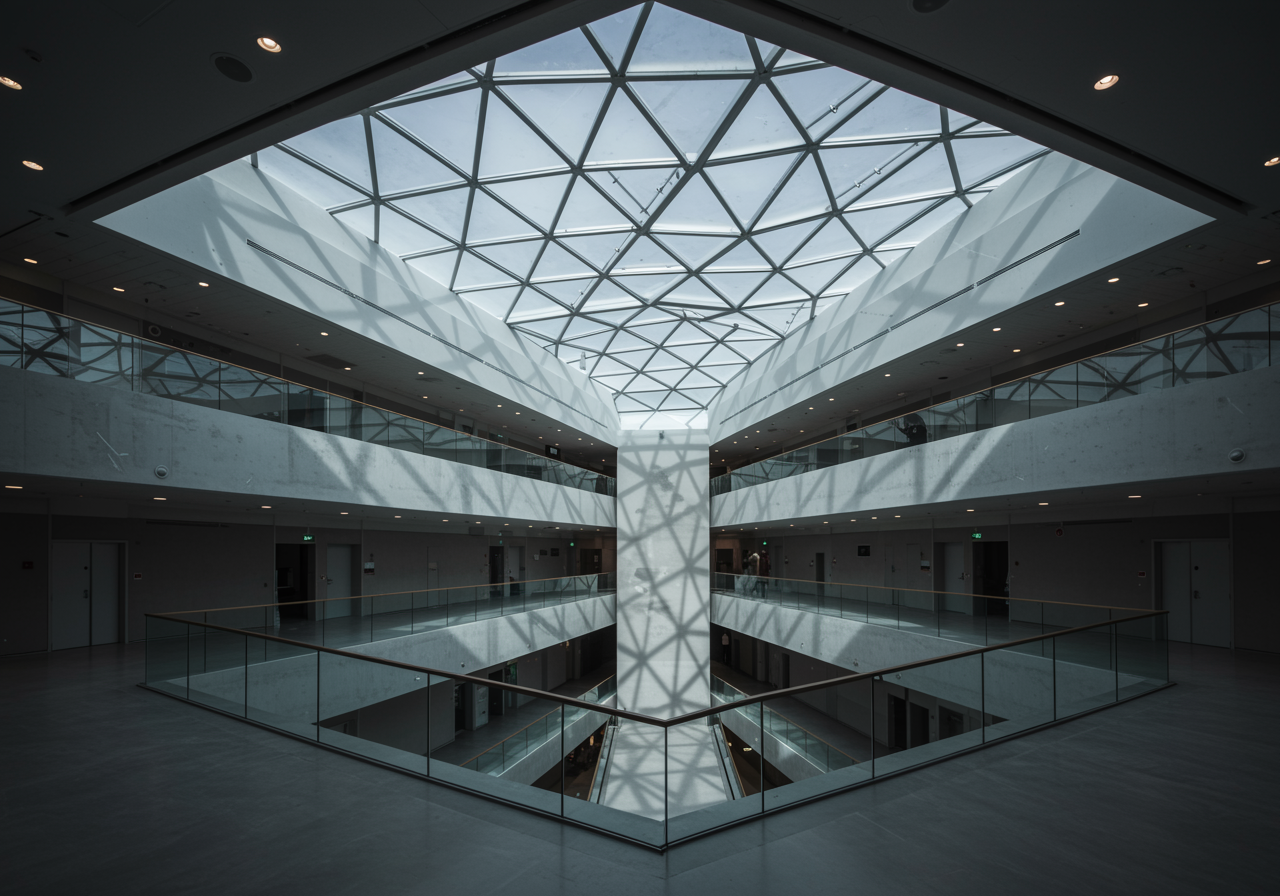 Interior view of a modern multi-story building with a glass ceiling, geometric shadows cast on a central column, and glass railings around the open atrium.