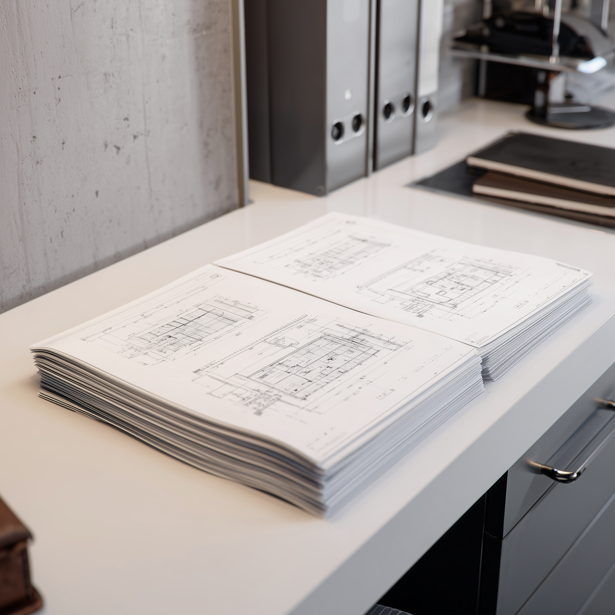 Open architectural blueprint drawings on a white desk with office supplies and filing folders in the background.