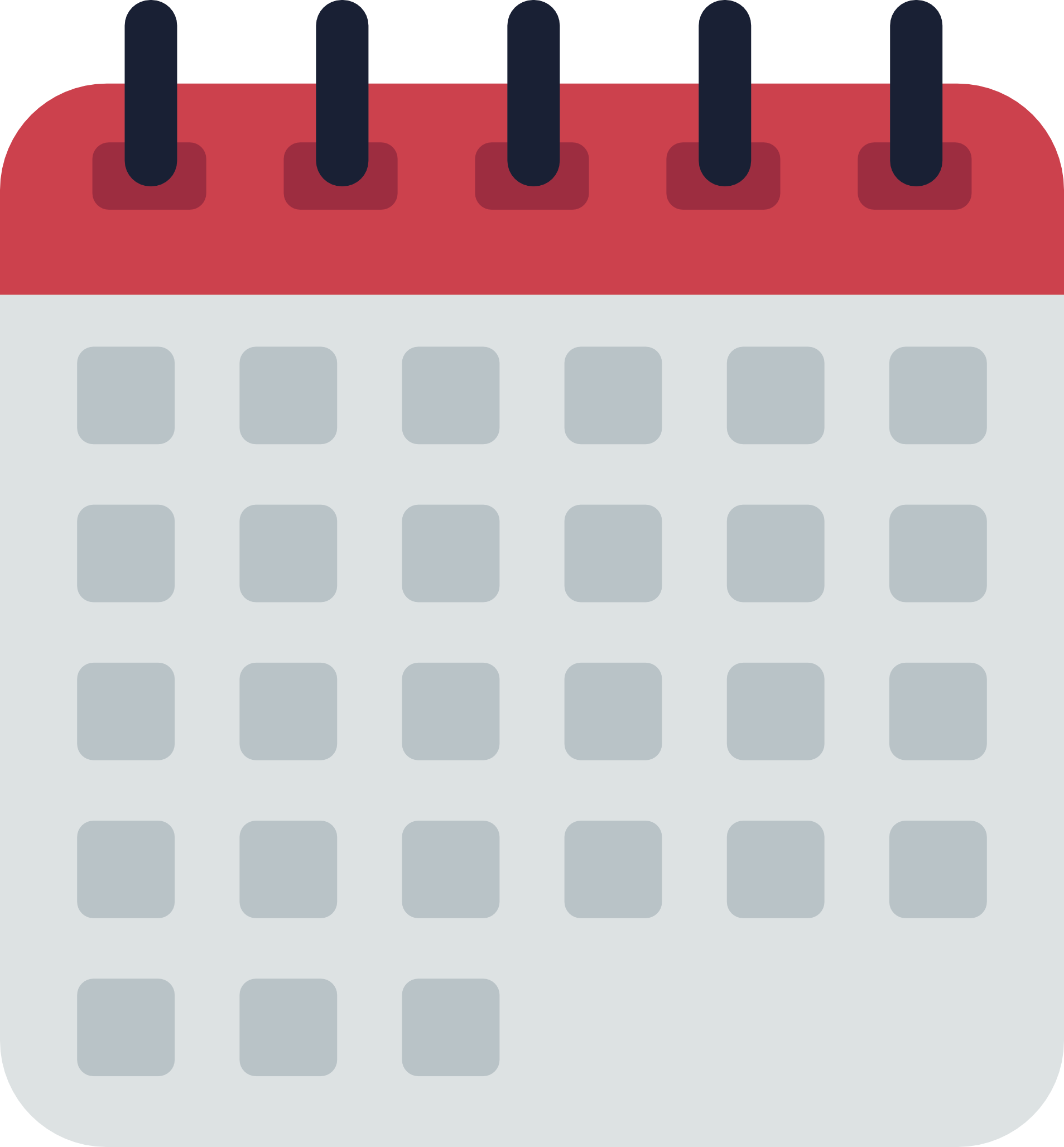 A digital illustration of a calendar with a red header at the top and blank gray squares for dates.