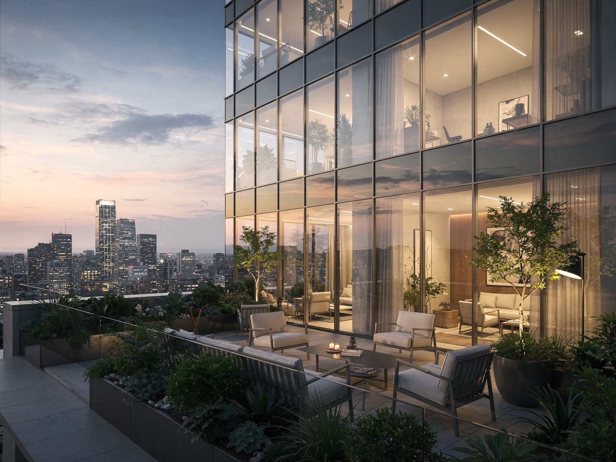 Modern skyscraper apartment balcony with outdoor seating, potted plants, and city skyline at sunset.
