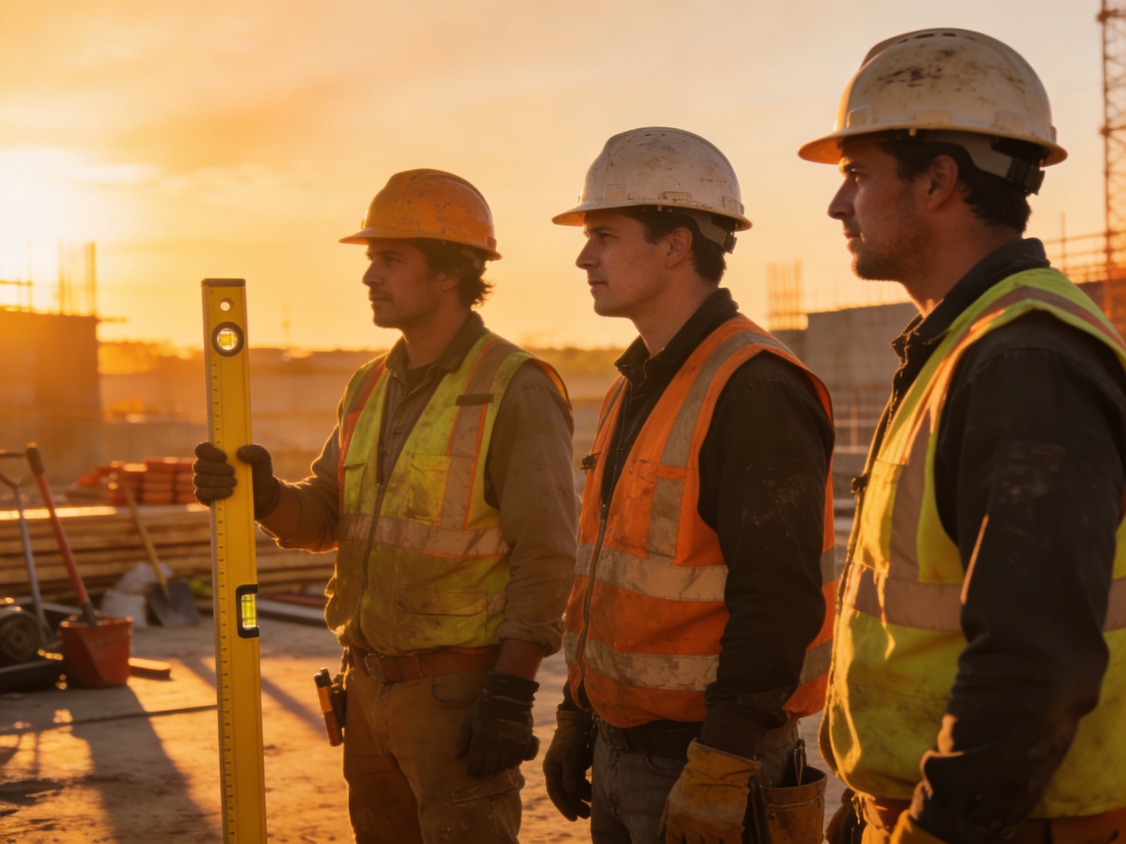 Three construction workers wearing safety vests and helmets standing on a construction site during sunset, with one holding a leveling tool.