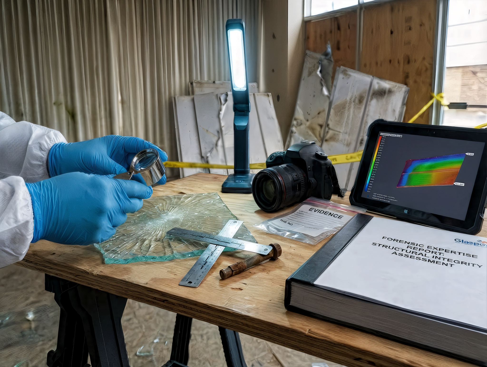 A forensics expert wearing gloves handling broken glass with a magnifying glass on a wooden table. The table has a ruler, a hammer, a camera, a tablet displaying a 3D graph, and a binder labeled 'Evidence' and 'Forensic Expertise Report.' In the background, there are cracked panels and larger glass shards, with a yellow caution tape.