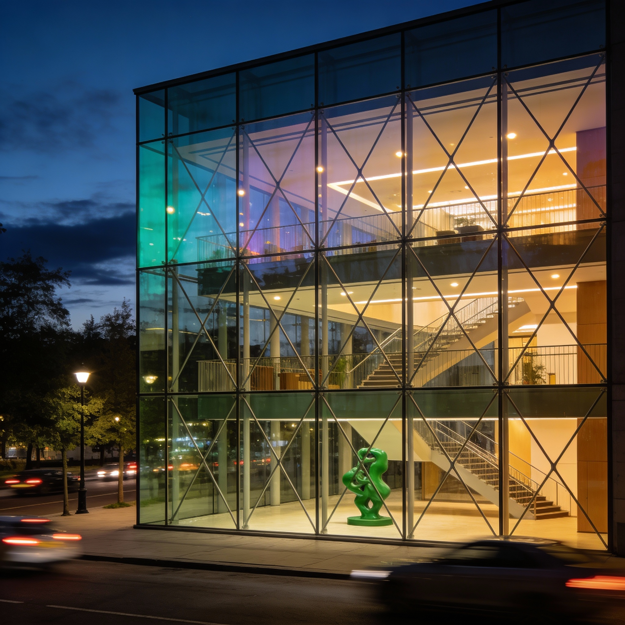Modern glass building with multiple floors, illuminated from inside with warm lighting, and a green abstract sculpture outside the entrance during evening.