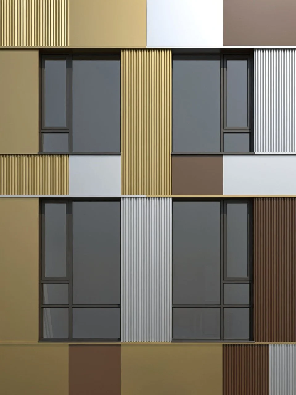 Close-up of a modern building facade with rectangular windows and panels in various colors, including beige, brown, white, gold, and gray, featuring different textures like smooth surfaces and ribbed metal.
