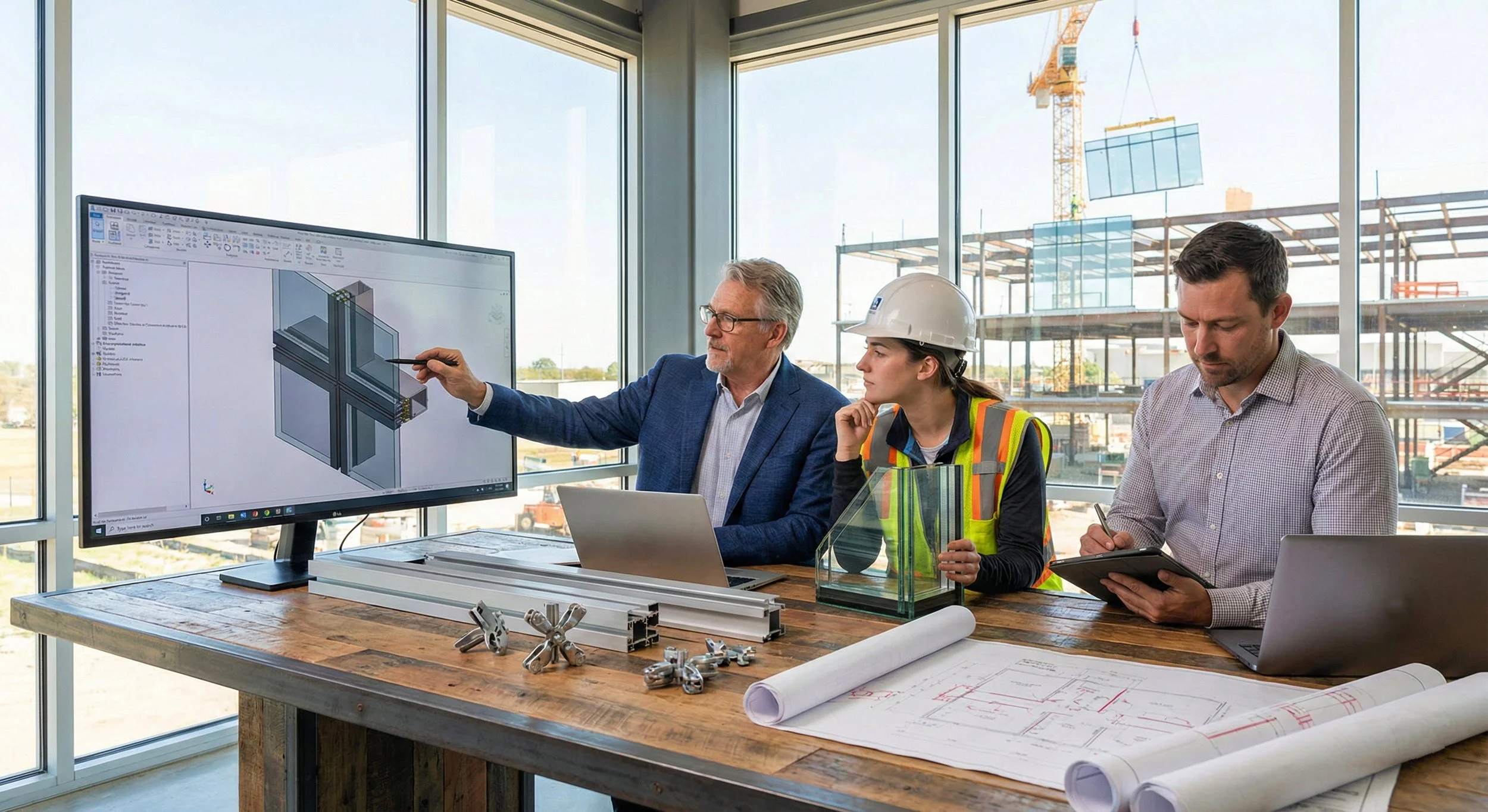 Engineering team reviewing architectural plans and building design on a construction site with a large digital display showing technical drawings.