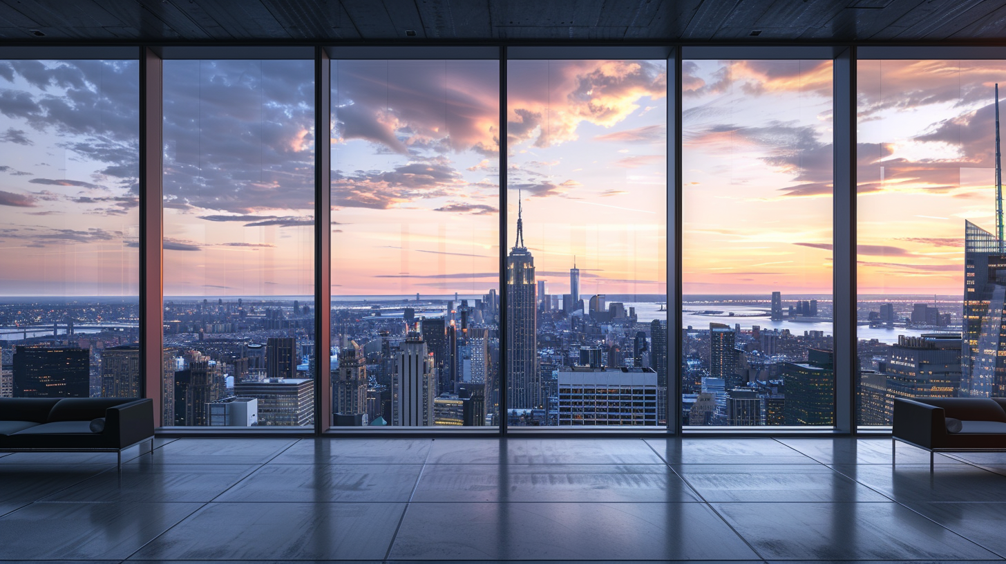 City skyline view through large glass windows at sunset or dusk, featuring tall skyscrapers including the Empire State Building, with some city lights visible and a partly cloudy sky.