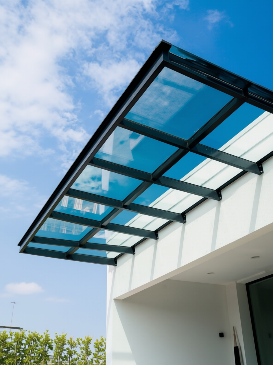 Modern building with a glass canopy extending from the roof, under a blue sky with scattered clouds.