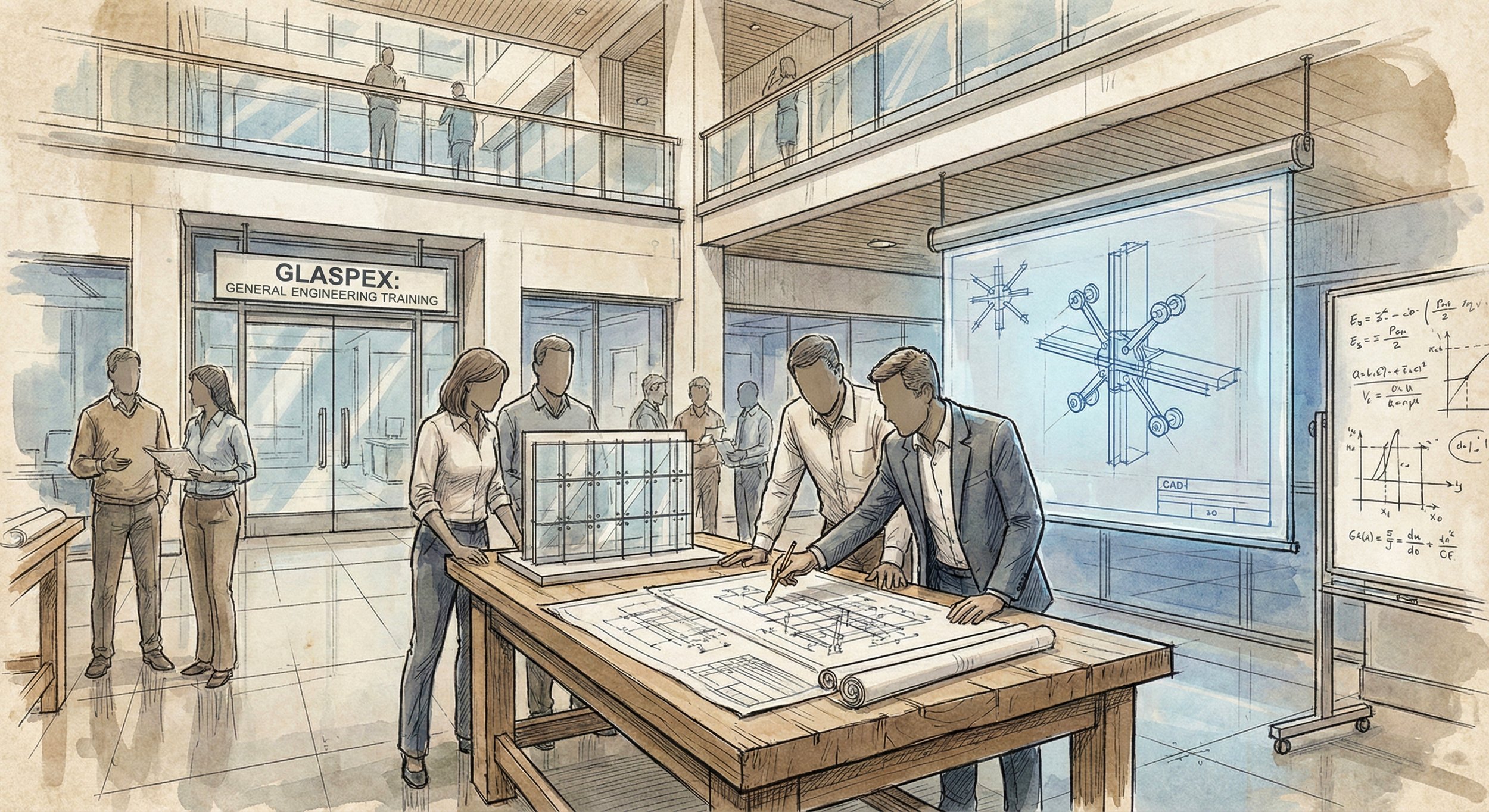 Architectural design and engineering students working on blueprints and models in a modern classroom, with technical drawings and CAD diagrams projected on a large screen.