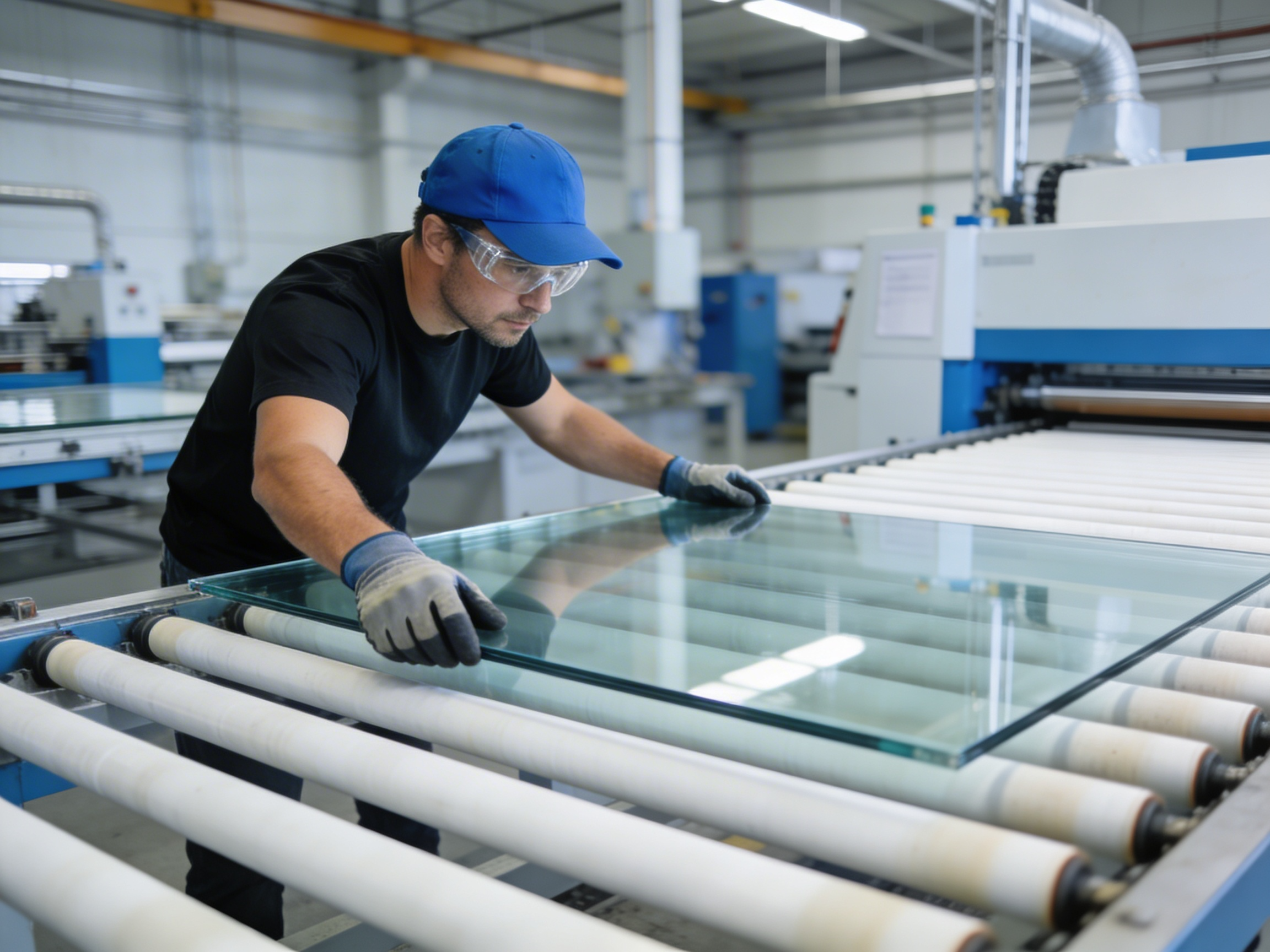 Worker inspecting a large glass sheet in a manufacturing facility.