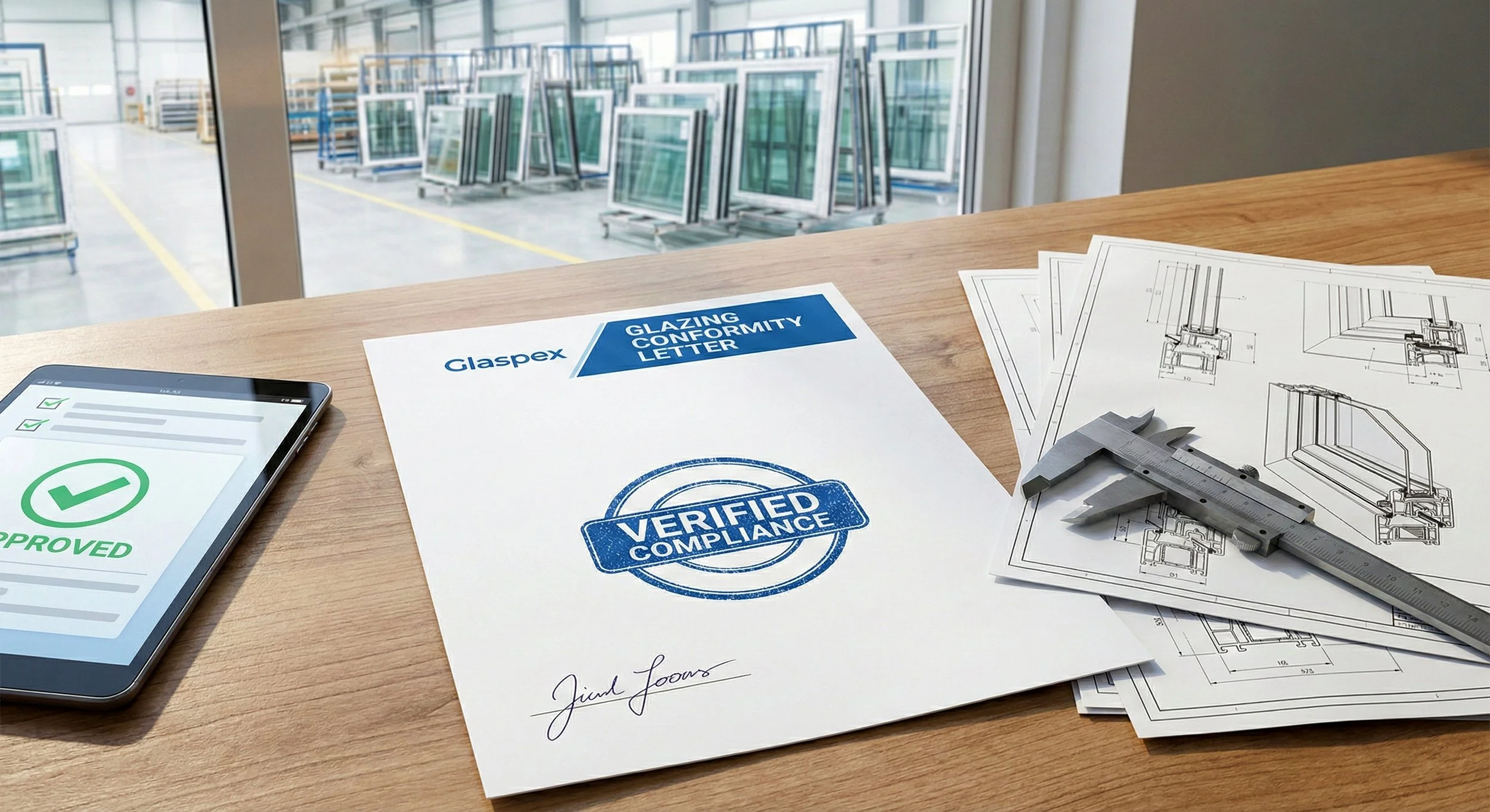 A document titled "Glaspex Glazing Conformity Letter" with a verification stamp and signature, printed blueprints, a caliper measuring tool, a tablet displaying an approval checkmark, and a large window manufacturing warehouse visible through a window in the background.