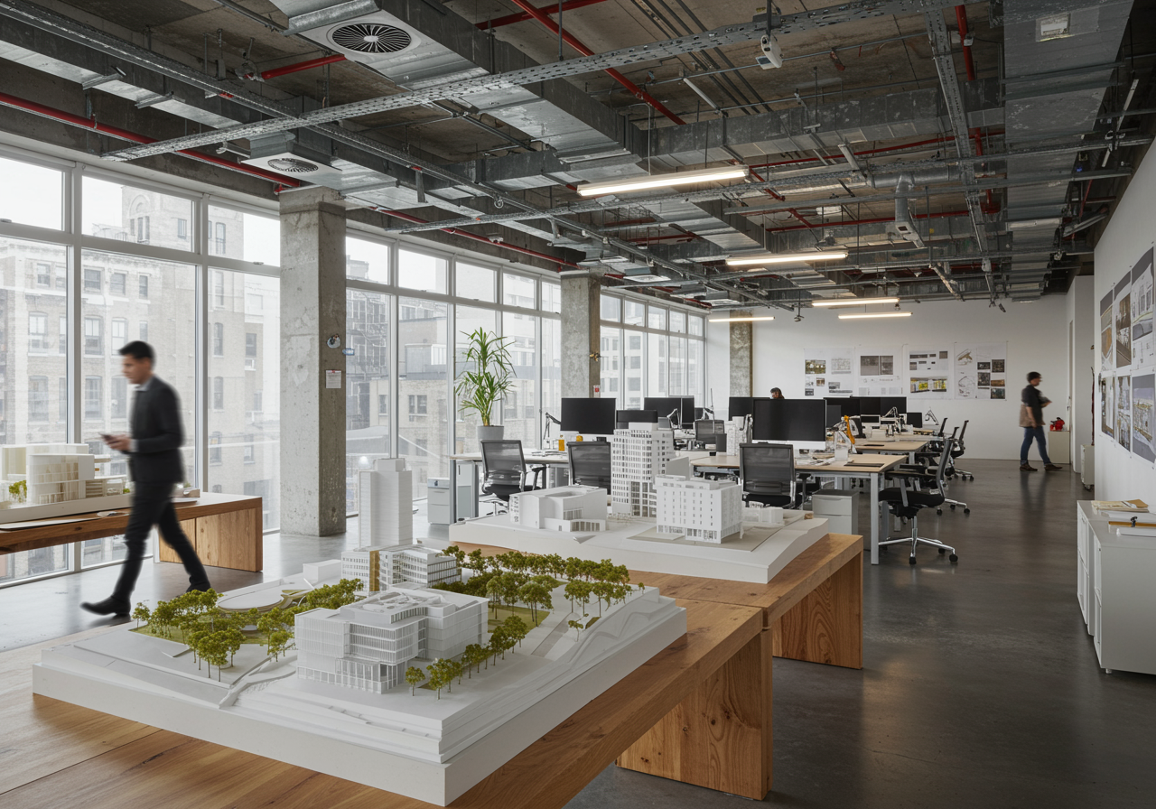 Architectural model of a building complex with trees on a wooden table inside a modern office space with large windows and open workstations.