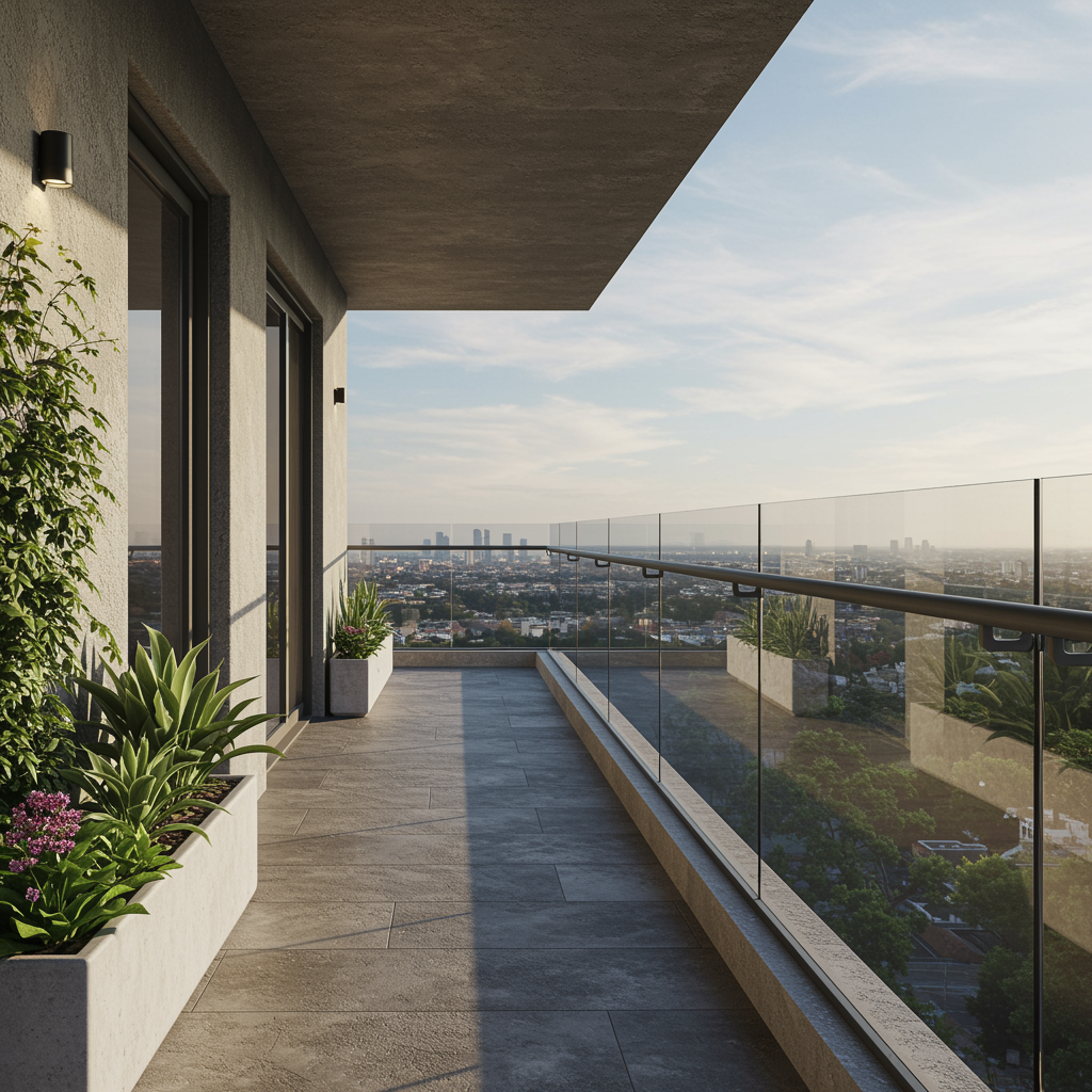 Balcony with glass railing overlooking cityscape in the distance, with potted plants and sliding glass doors.