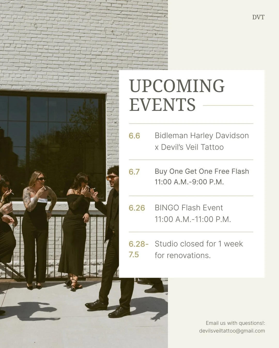 Devil's Veil Summer Update🖤☀️👙🍉 Our June calendar is PACKED and we can&rsquo;t wait to spend the next few weeks with you all. Here&rsquo;s what&rsquo;s coming up:

6/6 | BIDLEMAN HARLEY DAVIDSON POP-UP | 12PM&ndash;5PM Catch us at Bidleman Harley-